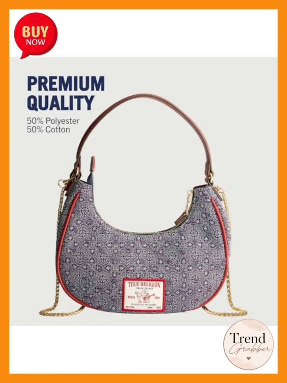 True Religion Hobo Bag - Striped Denim Crescent Handbag with Adjustable Chain